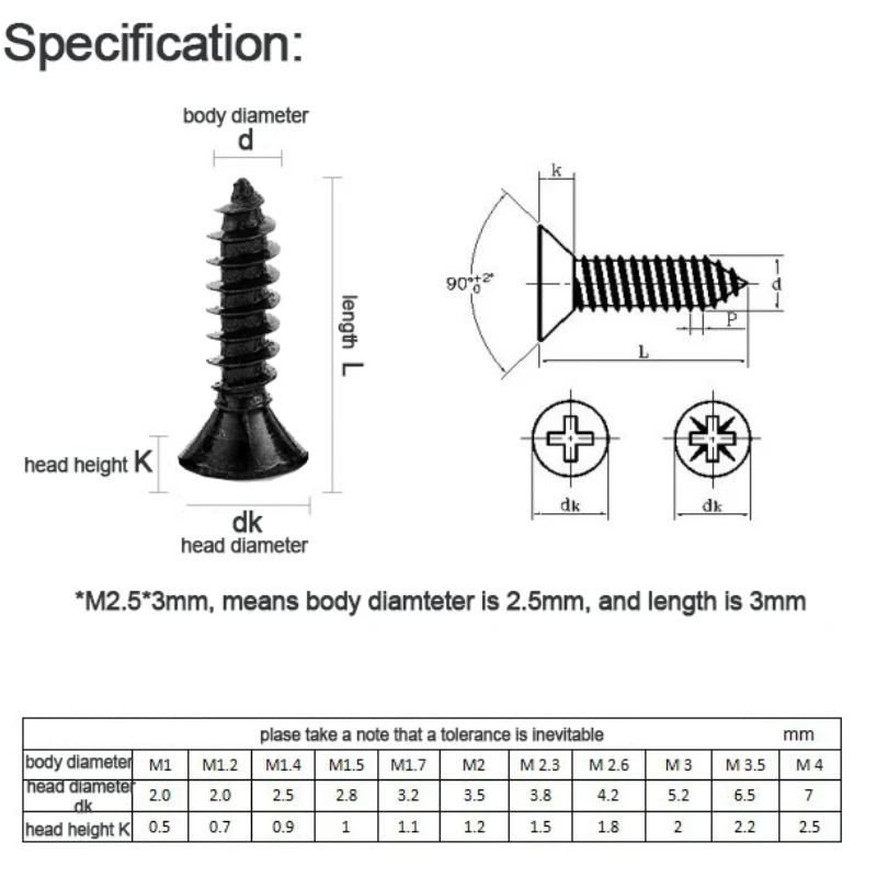 Weiyi M1 M1.2 M1.4 M1.7 M2 M2.3 M2.6 M3 Small Micro Carbon Steel Black Countersunk Head Phillips Cross Self Tapping Wood Screw