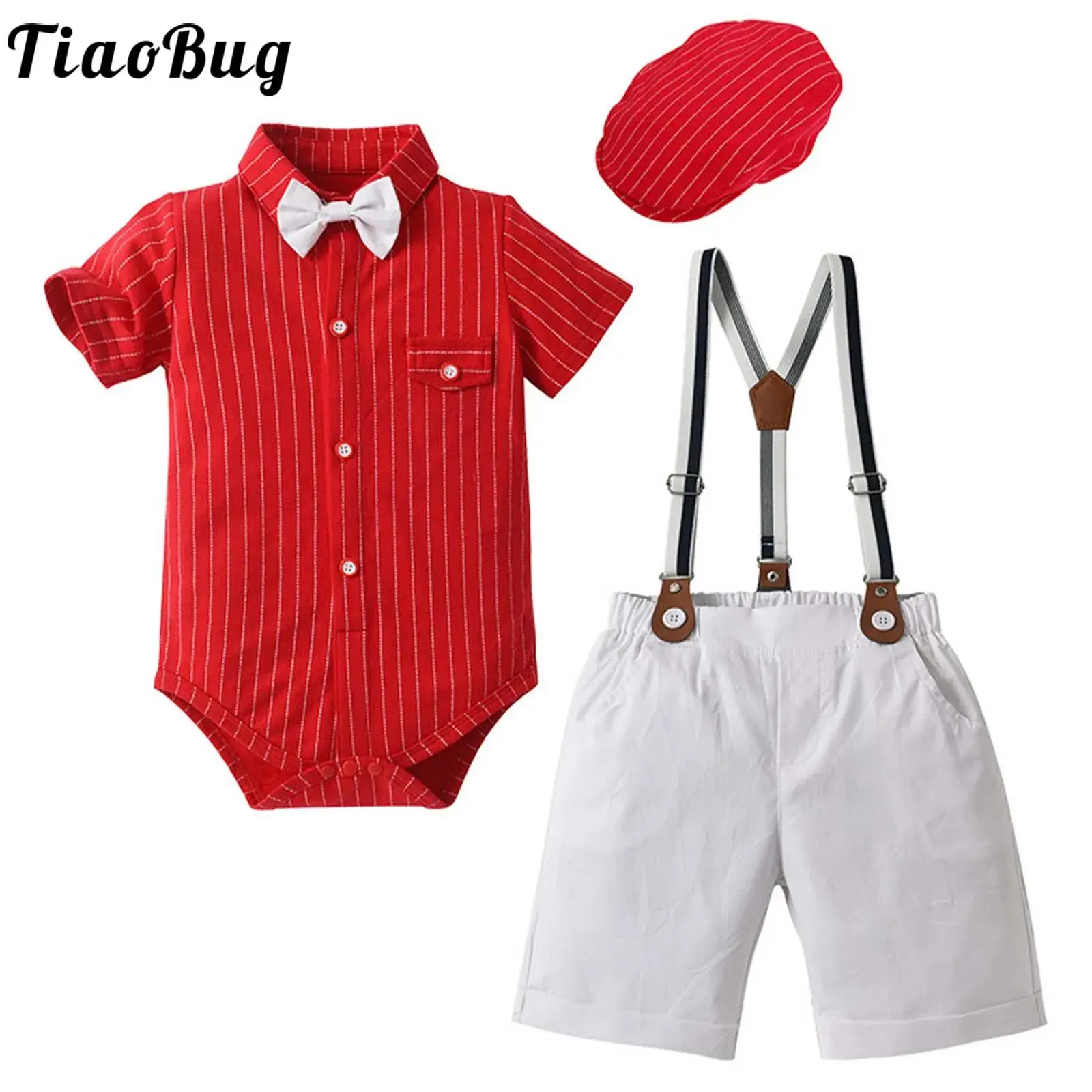 Baby Boys Summer Gentlemen Suit Short Sleeve Lapel Striped Shirt Romper with Bowtie Suspender Shorts Hat Toddler Kids Clothing