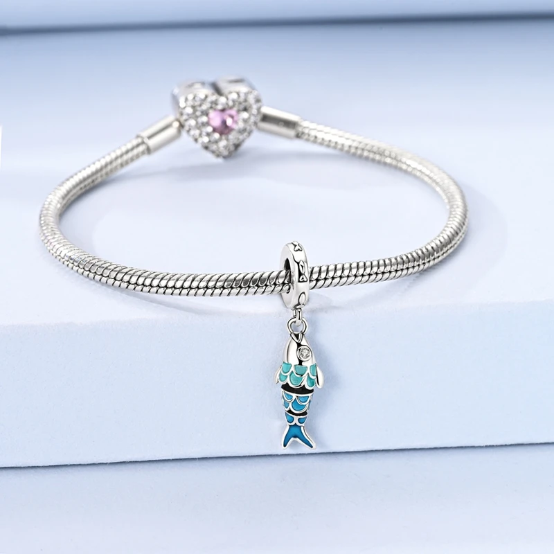 Fit Original 925 Sterling Silver Charms Beads Blue Swimming Fish Shining Scales Charms for Women Fine DIY Birthday Jewelry Gifts