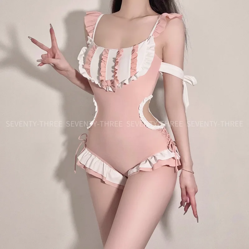 

Anime Sexy Women Cosplay Peach Powder Sweet Girl Lace Sling Resilient Swimwear Bodysuit Underwear Costume