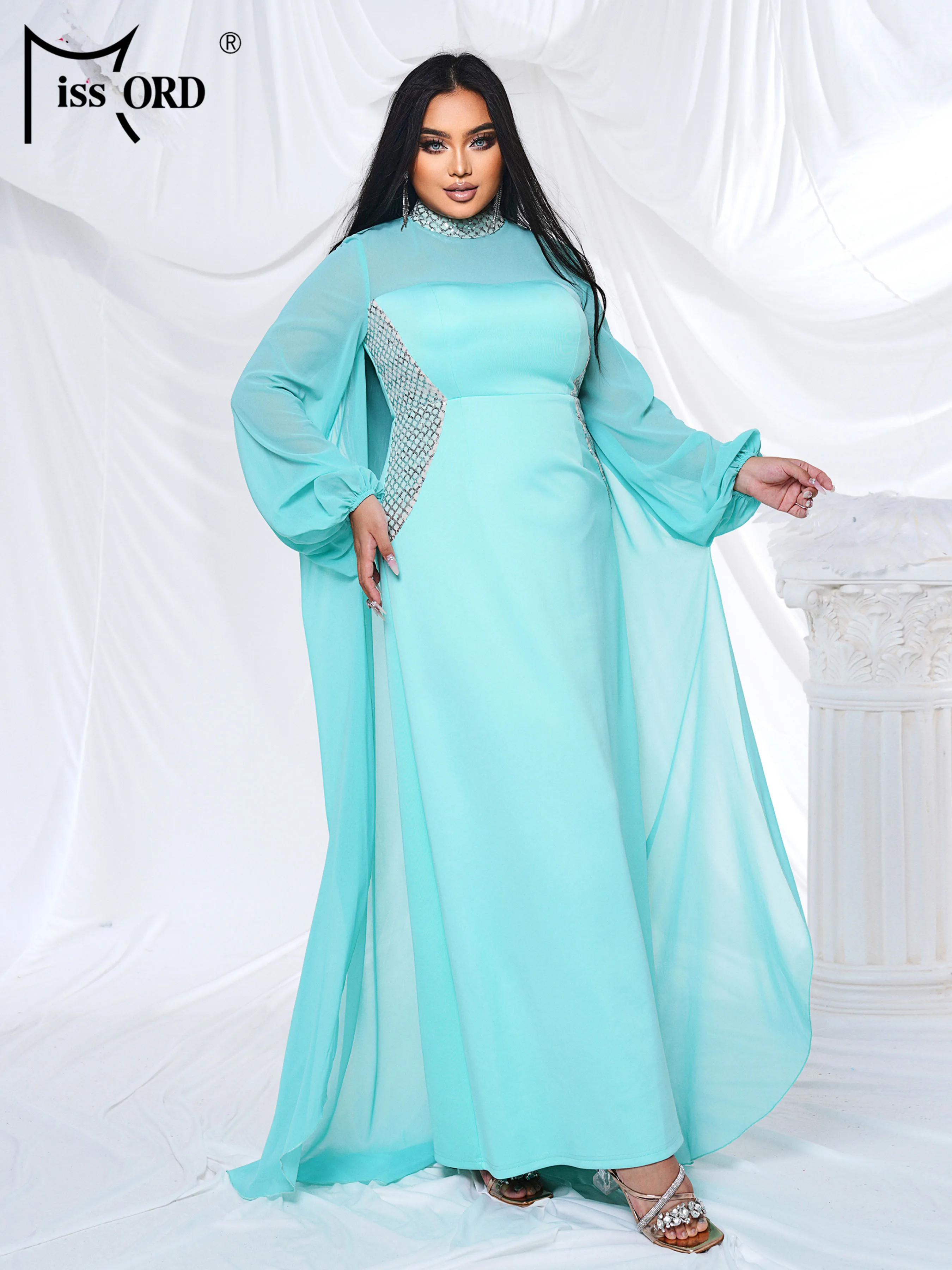 Missord Plus Size New Blue Round Neck Long Sleeved Elegant Evening Gown Wedding Birthday Party Elegant Beautiful Women's Dress