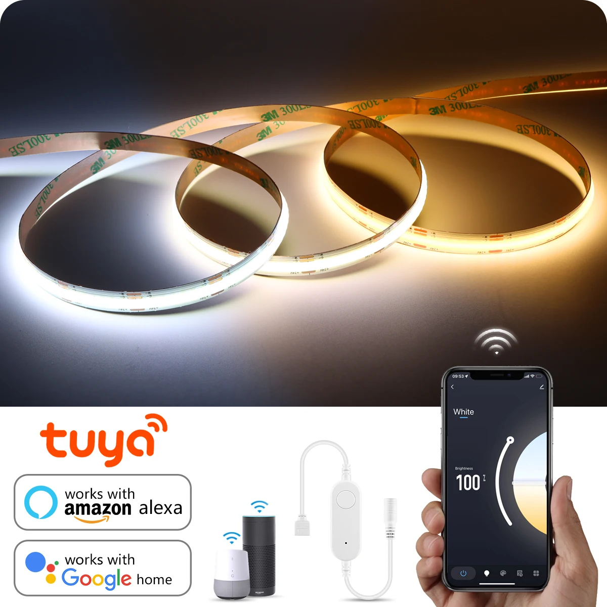 Tuya Smart WiFi Switch CCT COB LED Strip Light 24V Zasilacz EU/US Plug App Controller 2700K-6500K Ściemnialna taśma LED 3M 5M