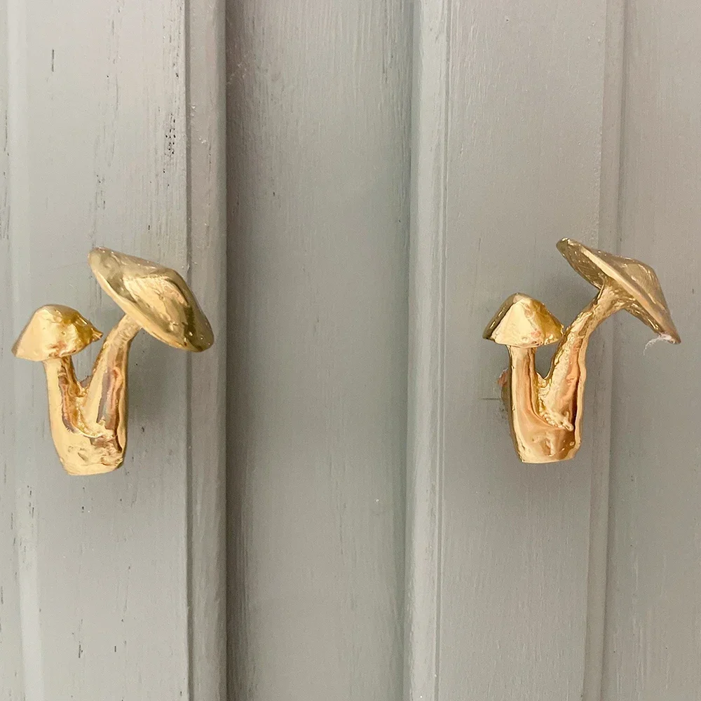 Mushroom Brass Cabinet Door Knobs Golden Botanical Drawer Pulls Nightstand Knobs Home Decor Dresser Pulls Furniture Handles