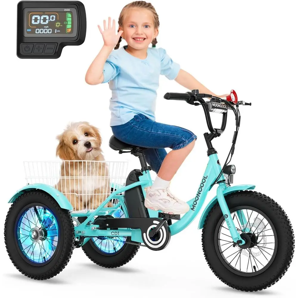 

16-дюймовый электрический детский трайк для детей 6-12 лет, электровелосипед 250 Вт с регулируемым сиденьем и корзиной