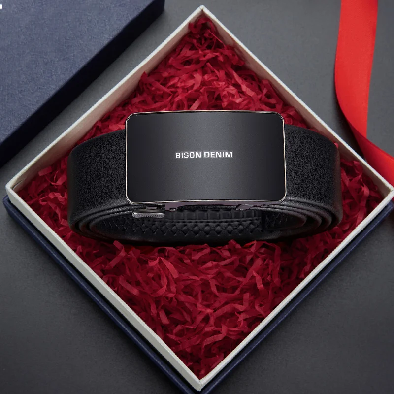 حزام جلد أصلي من الدنيم للرجال ، حزام خصر ، مشبك معدني أوتوماتيكي ، علامة تجارية فاخرة ، جودة عالية ، ذكر