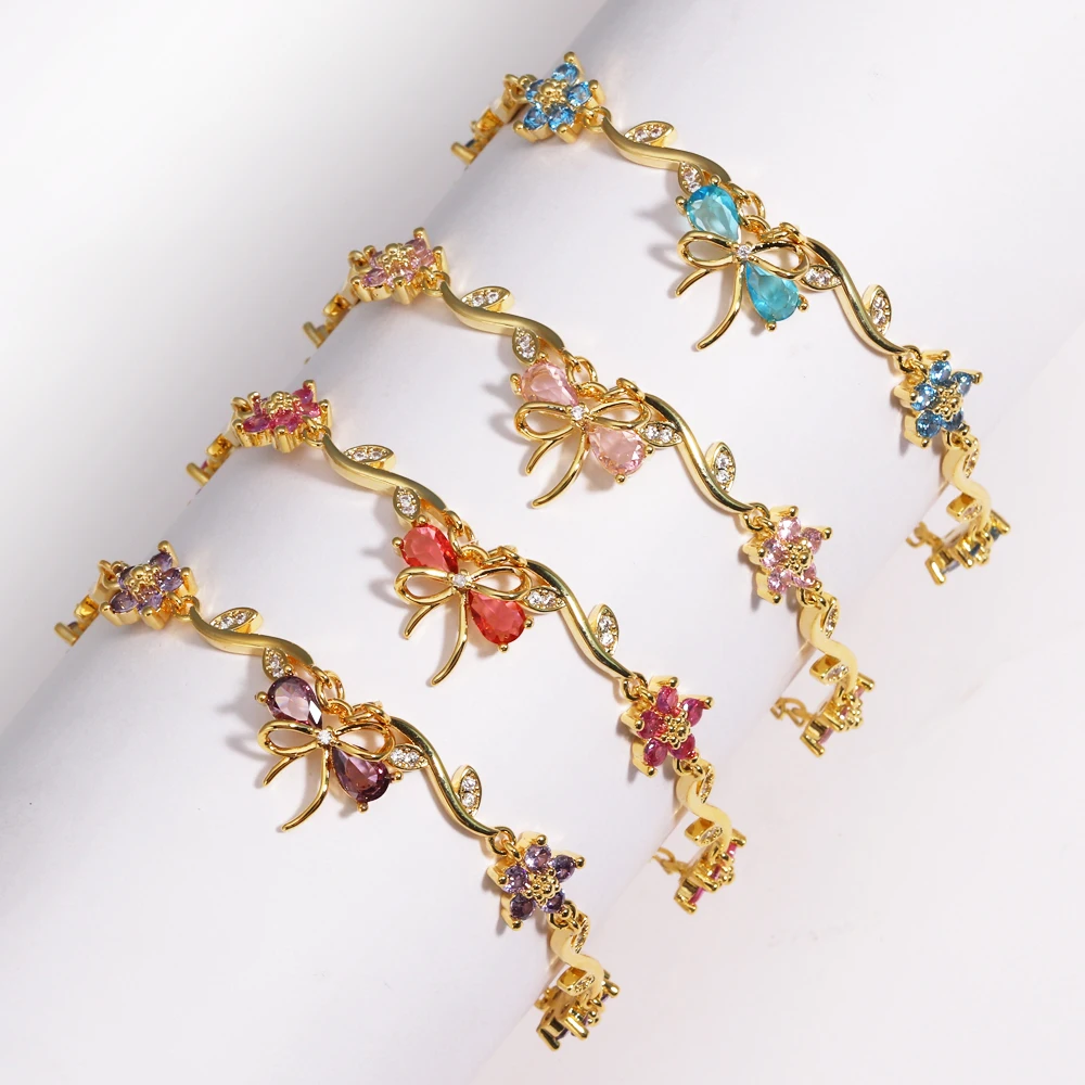 Neue Exquisite Luxus Blatt Blume Zirkon Kette Armbänder Elegante Mode Bowknot Anhänger Süße Armband Frauen Sparkle Schmuck