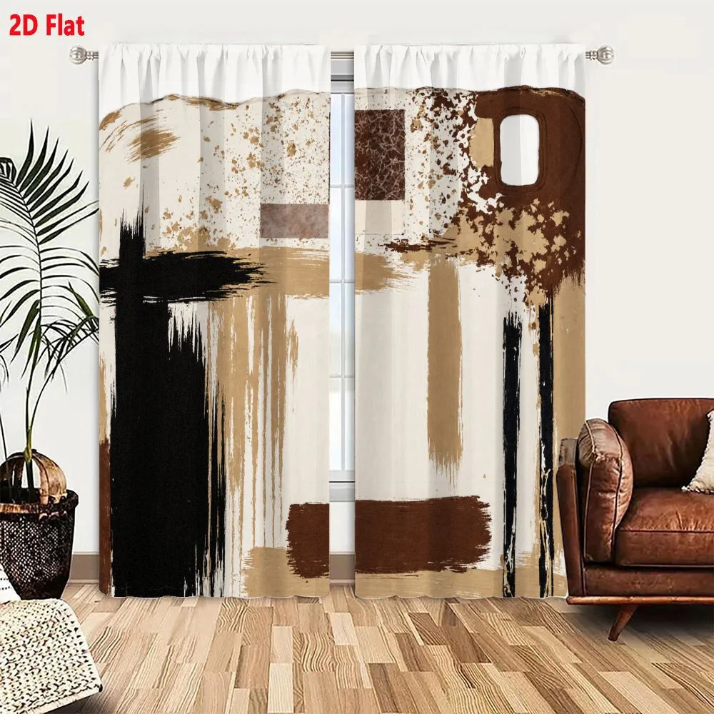 2Pcs Curtains 2D Flat Abstract Expressionism Artwork With Brown Black White Brush Strokes Splatters Geometric Shapes Textured Pa