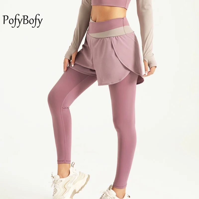 

PofyBofy High Elastic Quick Drying Fake Two Pieces Widen Waistband Slimming Leggings Women Fitness Running Workout Fashion Pants