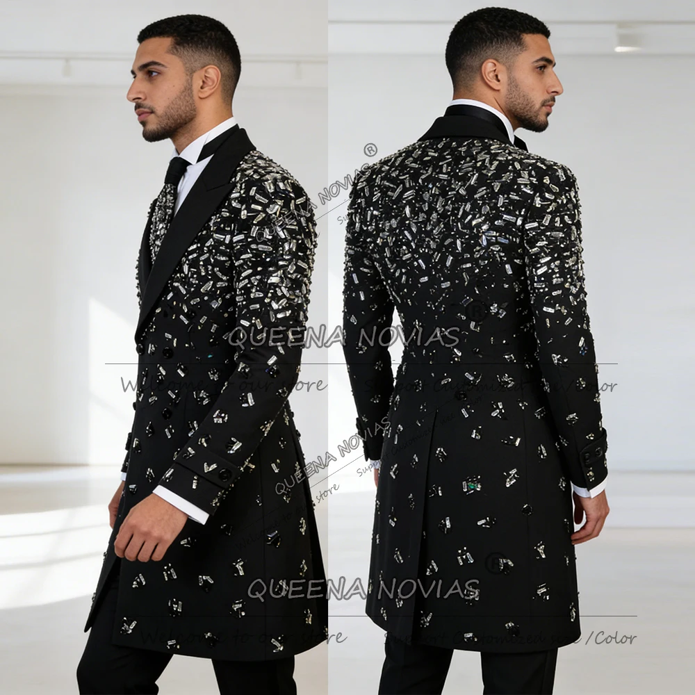 

Мужской костюм с блестящими бриллиантами и камнями на свадьбу, двубортный пиджак, длинный с брюками, комплект из 2 предметов, смокинги для жениха, наряды 2026