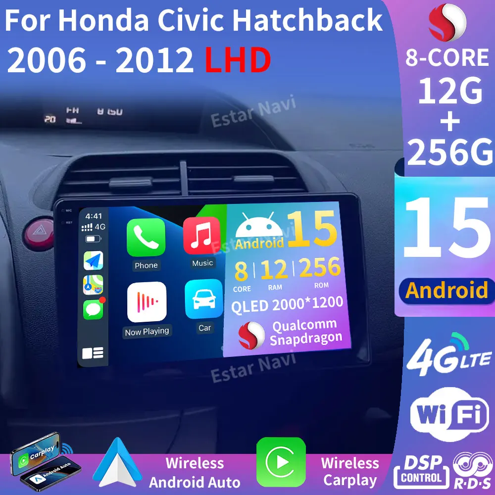 360 Camera Android 15 Car Radio For Honda Civic Hatchback 2005 - 2011Car Multimedia GPS 4G Carplay Intelligent Screen autoradio