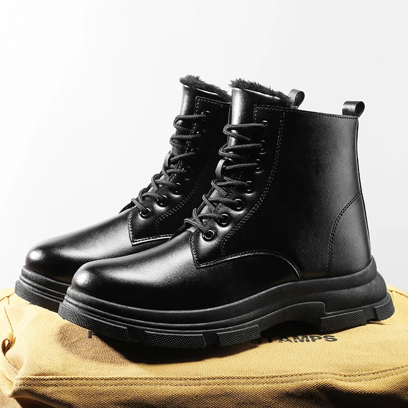 

New Warm Plushed Winter Boots Men Black High Top Leather Shoes for Men Vintage Ankle Boots Men Non-slip Comfy Men's Biker Boots