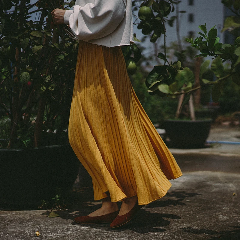 

Ретро-юбка из трикотажа горчично-желтого цвета для женщин, осенне-зимняя, с высокой талией, А-силуэт, расклешенная, средней длины, в пол