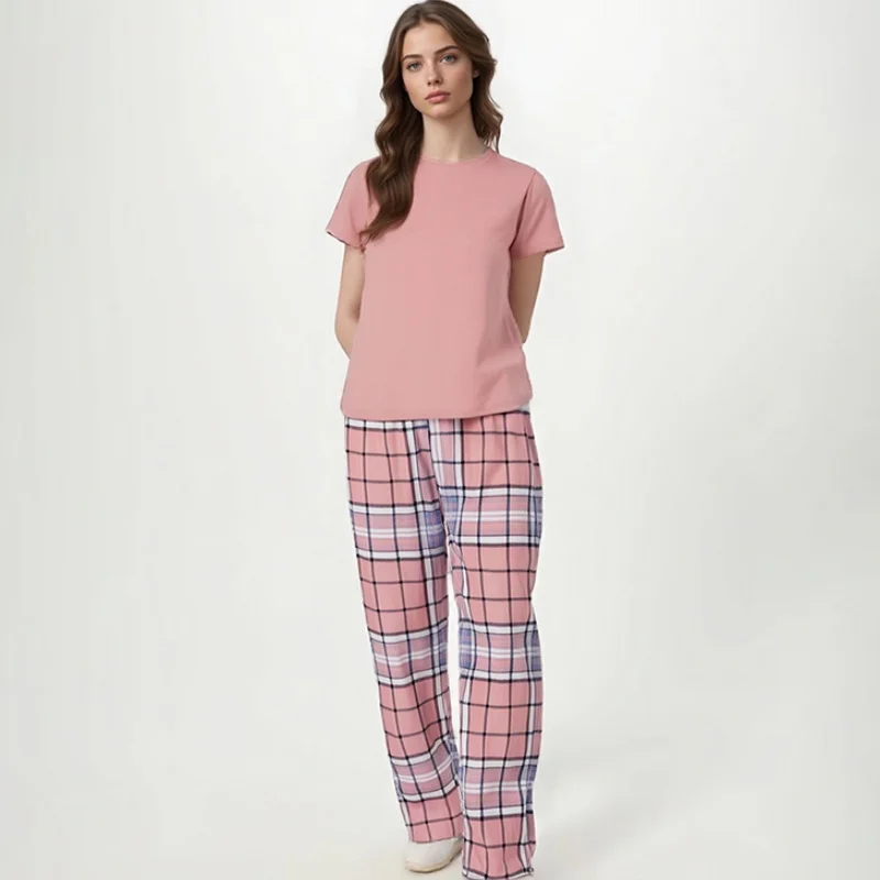 

2Pcs Women Round Neck Pajamas Set Solid Color Short-Sleeved Top Plaid Print Trousers Loose Comfortable Loungewear Outfit