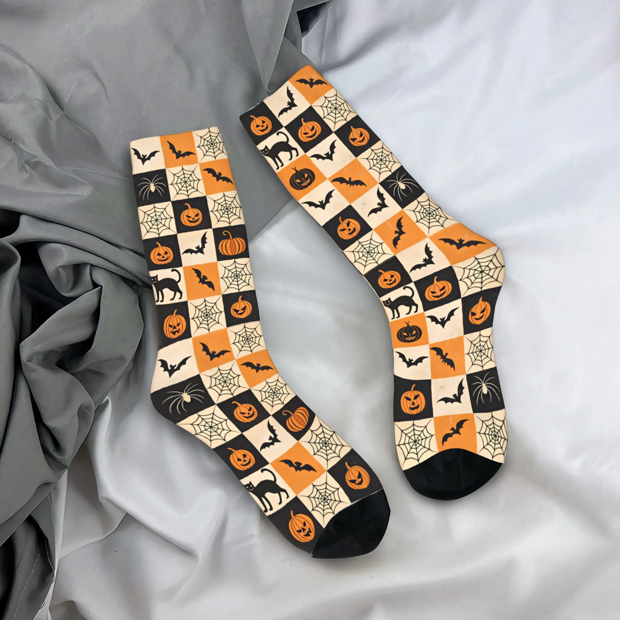 Halloween Checkerboard Bat Cat Spider Pumpkin Seamless Pattern Socks  Casual Stockings Winter Anti-Slip Men Socks Quality Socks
