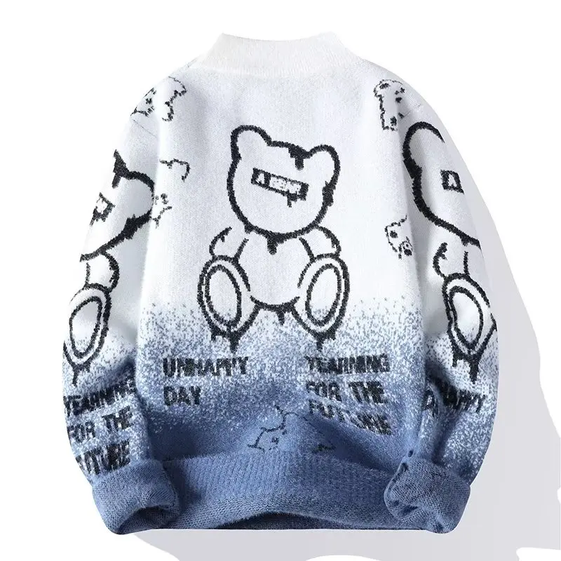 Autumn Winter Men\'s Sweater Plush Warm Cool Bear Knitted Sweater Harajuku High Street Slim Fit O-neck Top Japan Men\'s Clothing