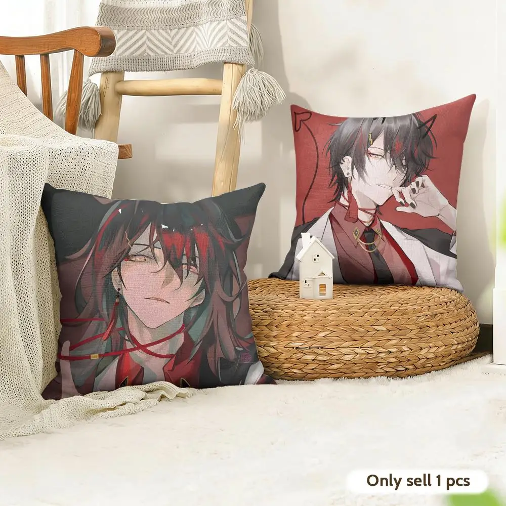 V-Vtuber Vox Akuma Cute Anime Cushion Cover Natural Linen Organic Fabric Double-Sided Printing Room Sofa Decor Pillow Case