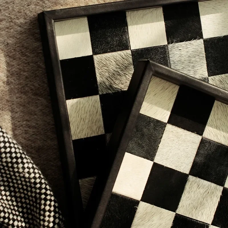 Modern simple black and white checkerboard tray jewelry aromatherapy tray storage cow hair entrance decoration ornament
