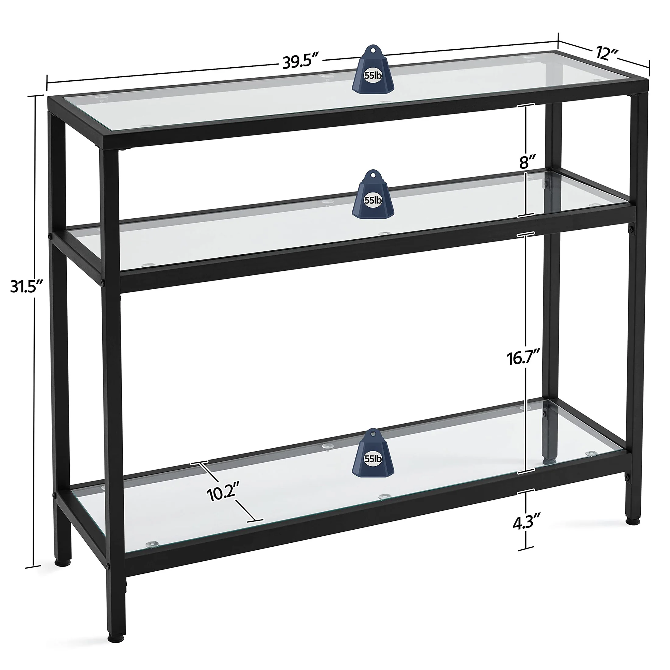 Console Table, Metal Frame and Tempered Glass Sofa Table with 3 - Layer Storage Shelves for Living Room, Entryway, Corridor, Hallway, Black