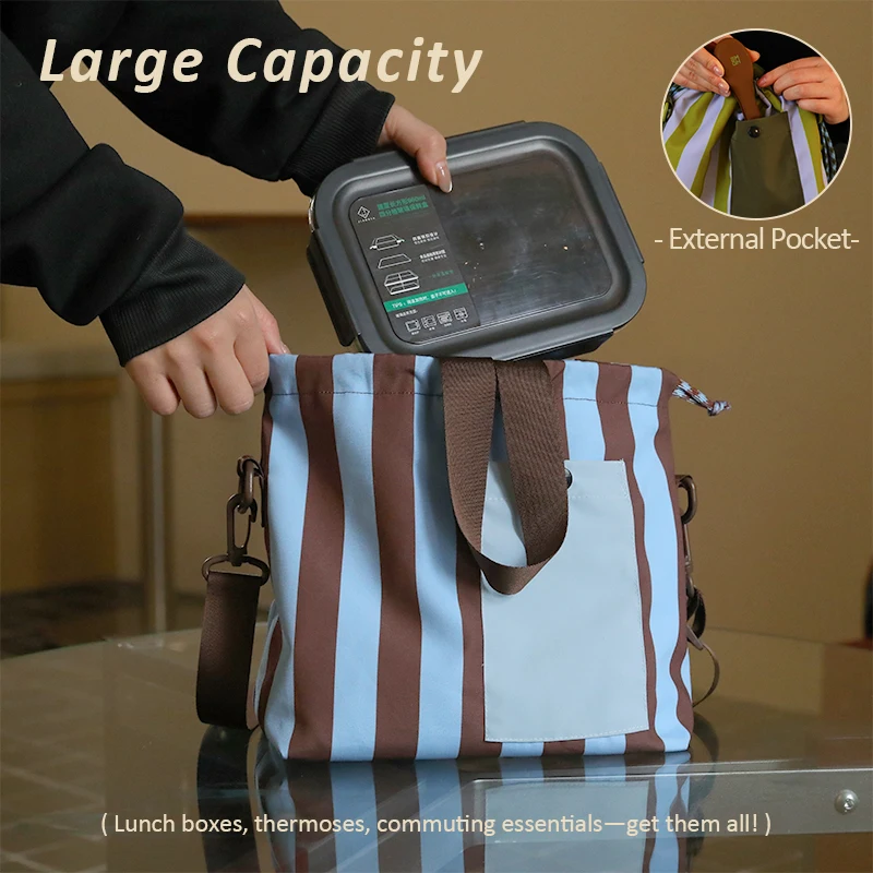 Japanese and Korean Style Lunch Tote Bag, Large Capacity Adjustable Diagonal Bento Bag, with Silver Insulated Dining Bag