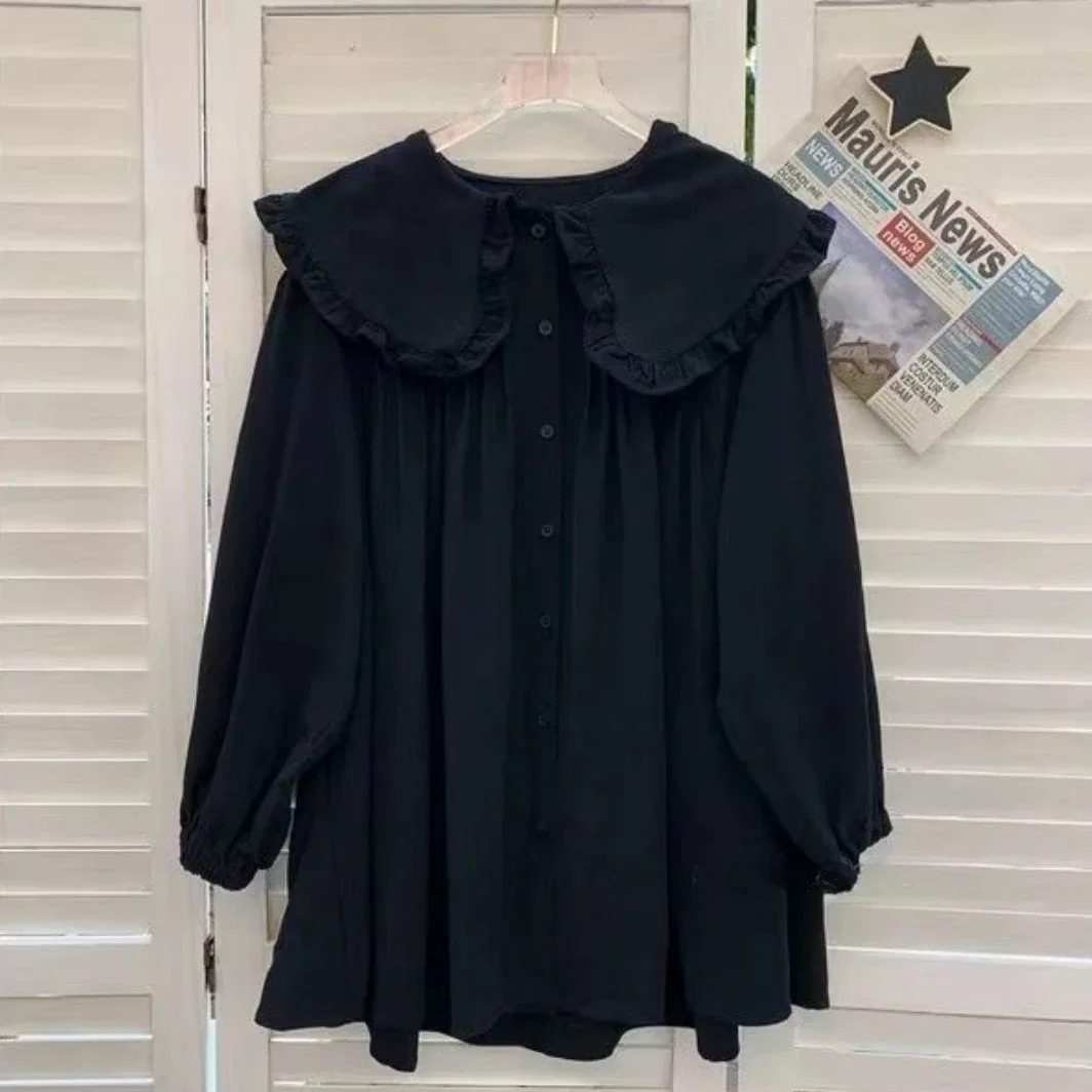 Damenhemden, einfarbig, mit langen Puffärmeln, Peter-Pan-Kragen, koreanischer Stil, modische Oberteile, Retro-Damenbluse, schlicht, lässig, vielseitig kombinierbar. – Detail 7