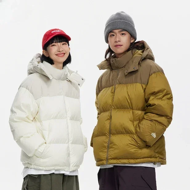 Winter Maillard couple down jacket American retro color matching waterproof hooded white duck down thick bread suit  2XL