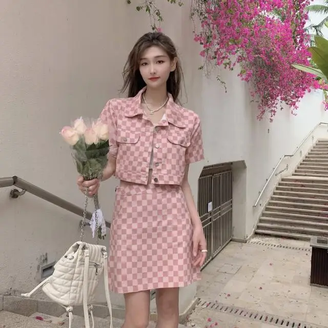 Korea Elegant Women Summer Suit Sweet Cool Design Heart Plaid Crop Short-sleeved Jacket + Mini Hip Skirt Two-piece Sets