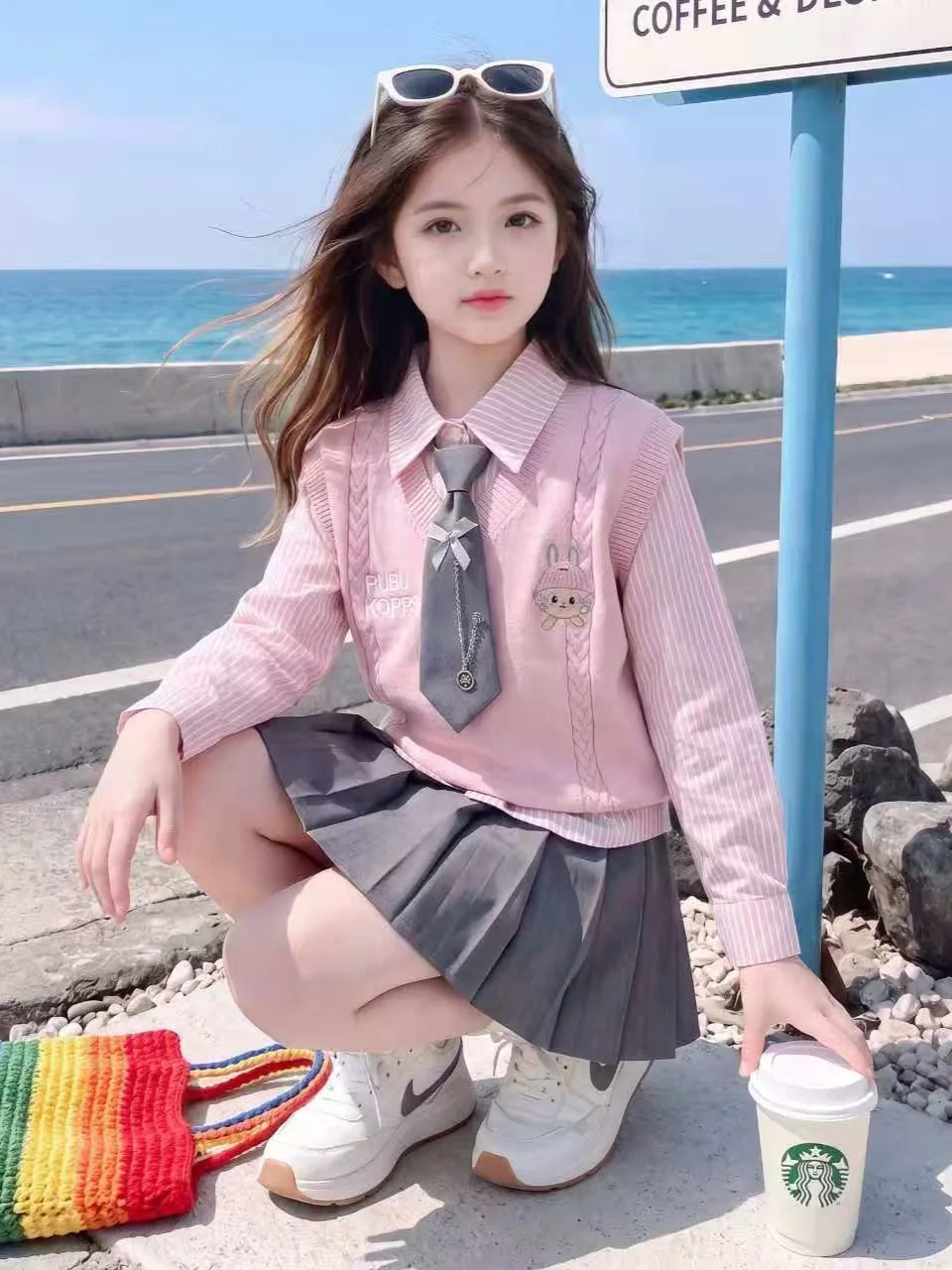 Teenager Girl Autumn JK Outfit Set - Pink Cartoon Vest Striped Shirt Pleated Skirt Junior Kid's Skirts Suit Child Clothing