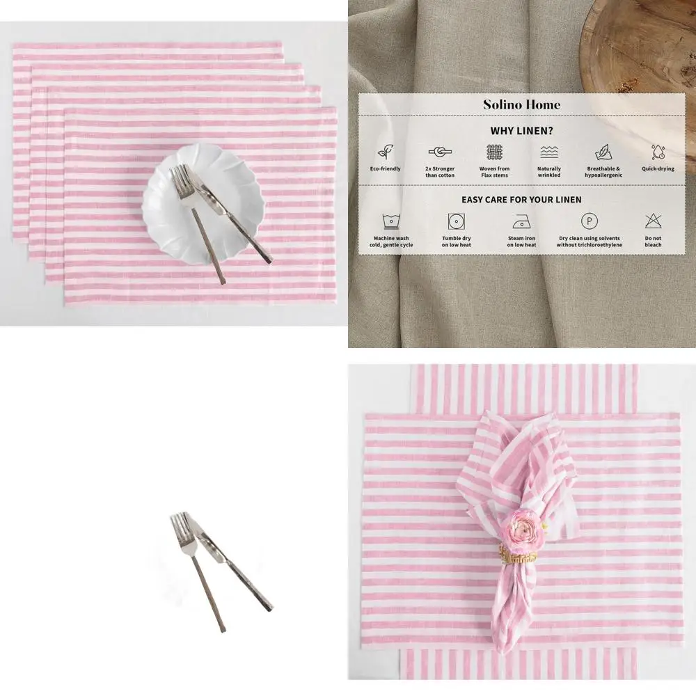 

Set of 4 Amalfi Stripe & Cherry Blossom Linen Placemats, 14x19 Inches, Pure Linen, Elegant Dining Accessories.