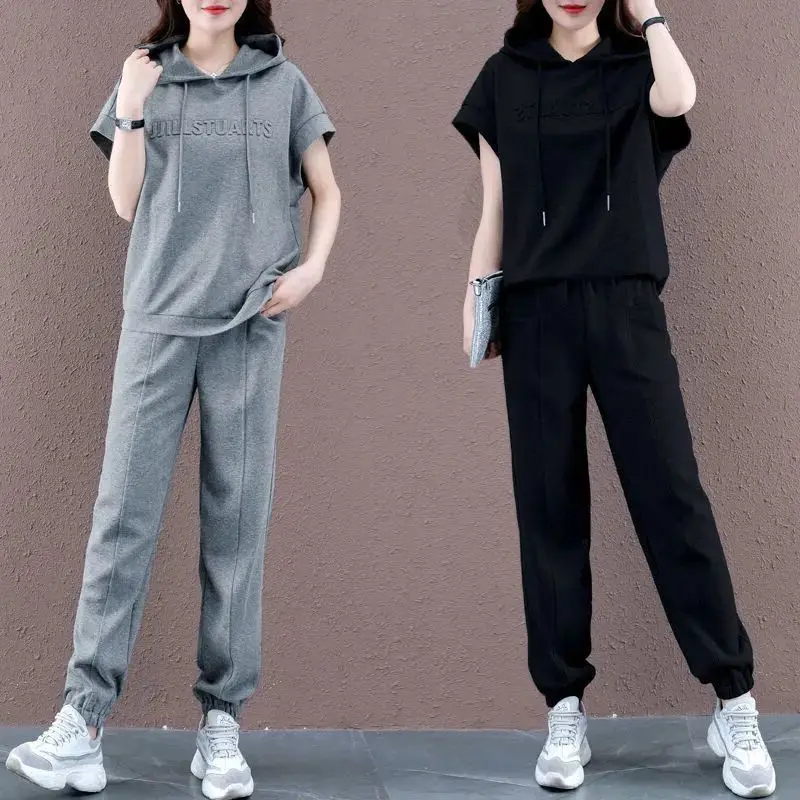 Women\'s Casual Sports Suit 2022 Summer New Solid Color Loose Hooded Short Sleeved Sweater Pants Two Piece Set Plus Size Outfits