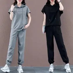 Women's Casual Sports Suit 2022 Summer New Solid Color Loose Hooded Short Sleeved Sweater Pants Two Piece Set Plus Size Outfits