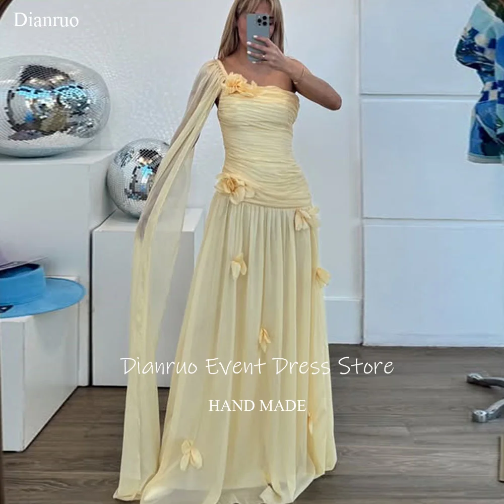 

Dianruo Pleated A Line Evening Dresses Chiffon Yellow Party Gowns Elegant One Shoulder Beach Vestidos De Graduación Customized