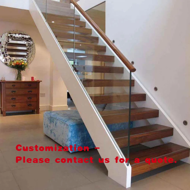 custom.Modern Stairs Glass Railing Wooden Step Double Stringer U Channel Beam Straight Staircase