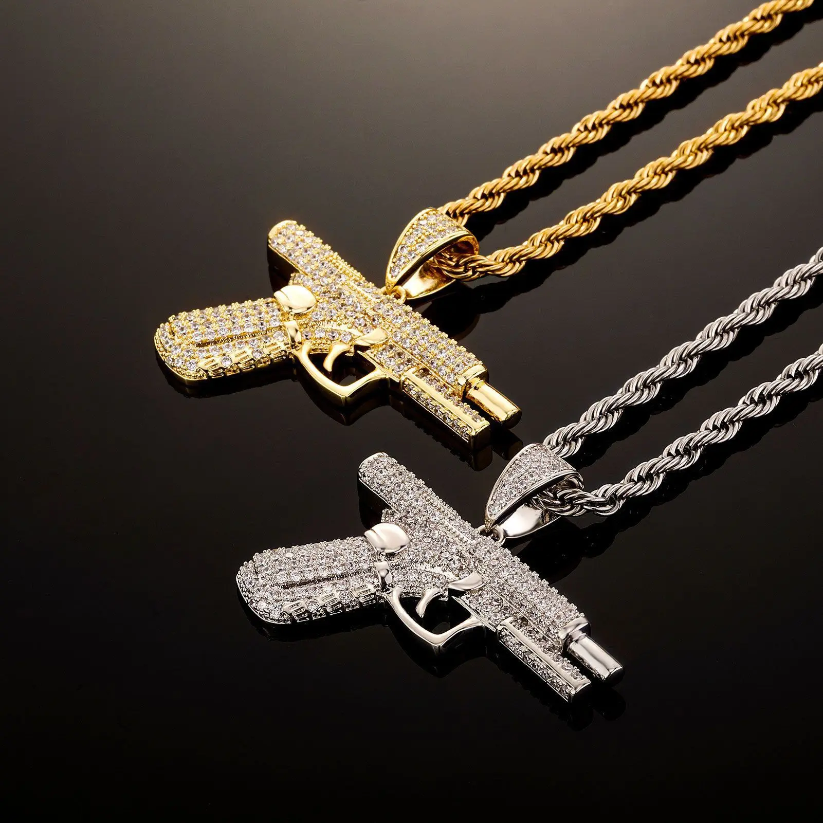 Exquisite Hip Hop Zircon Pistol Necklace Machine Gun Street Rock Rapper Necklace Men Women