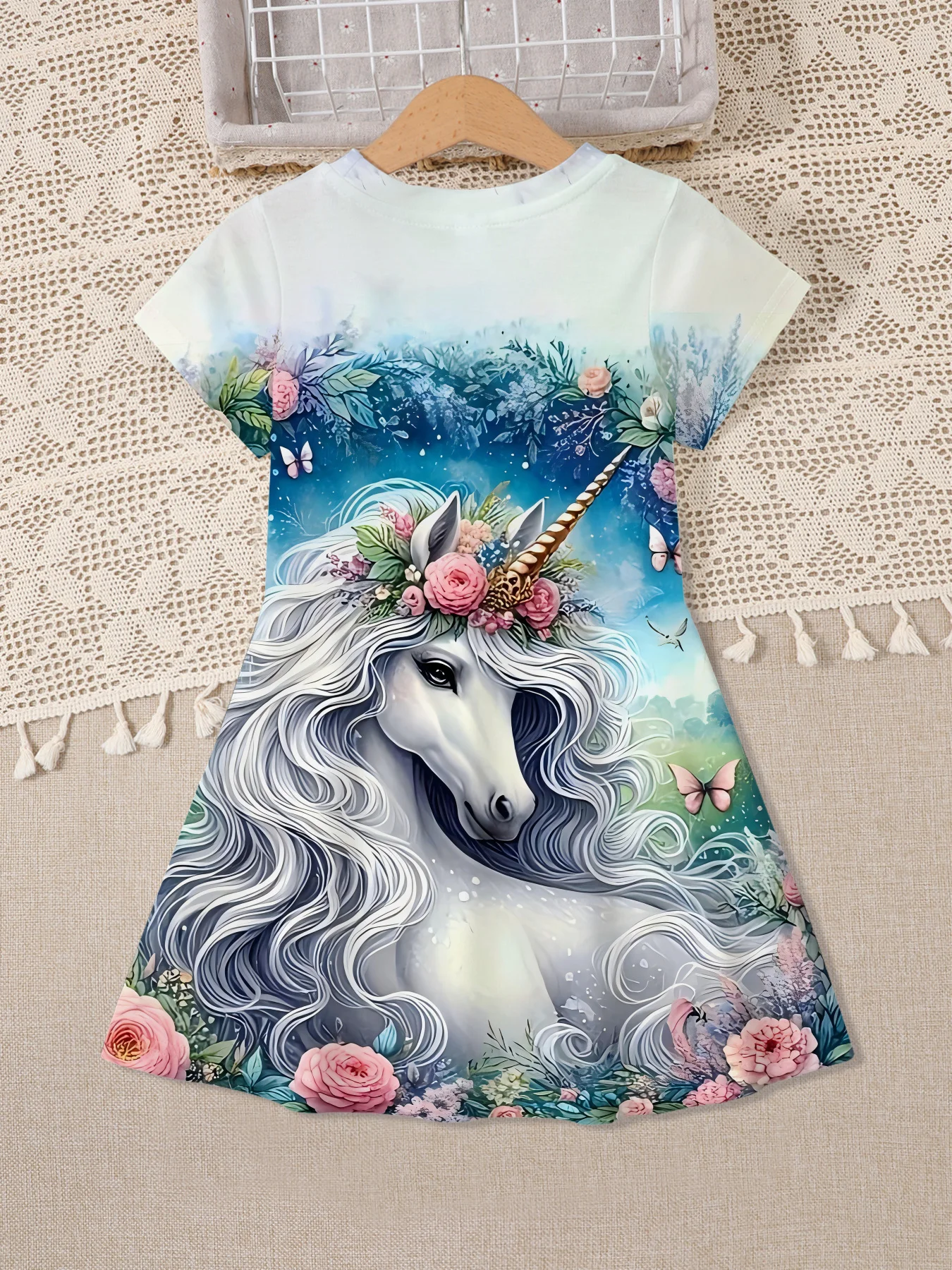 Floral Unicorn Short Sleeve Dress, Rose Flower & Butterfly Print Girls Swing Dress for Birthday Party and Photoshoot