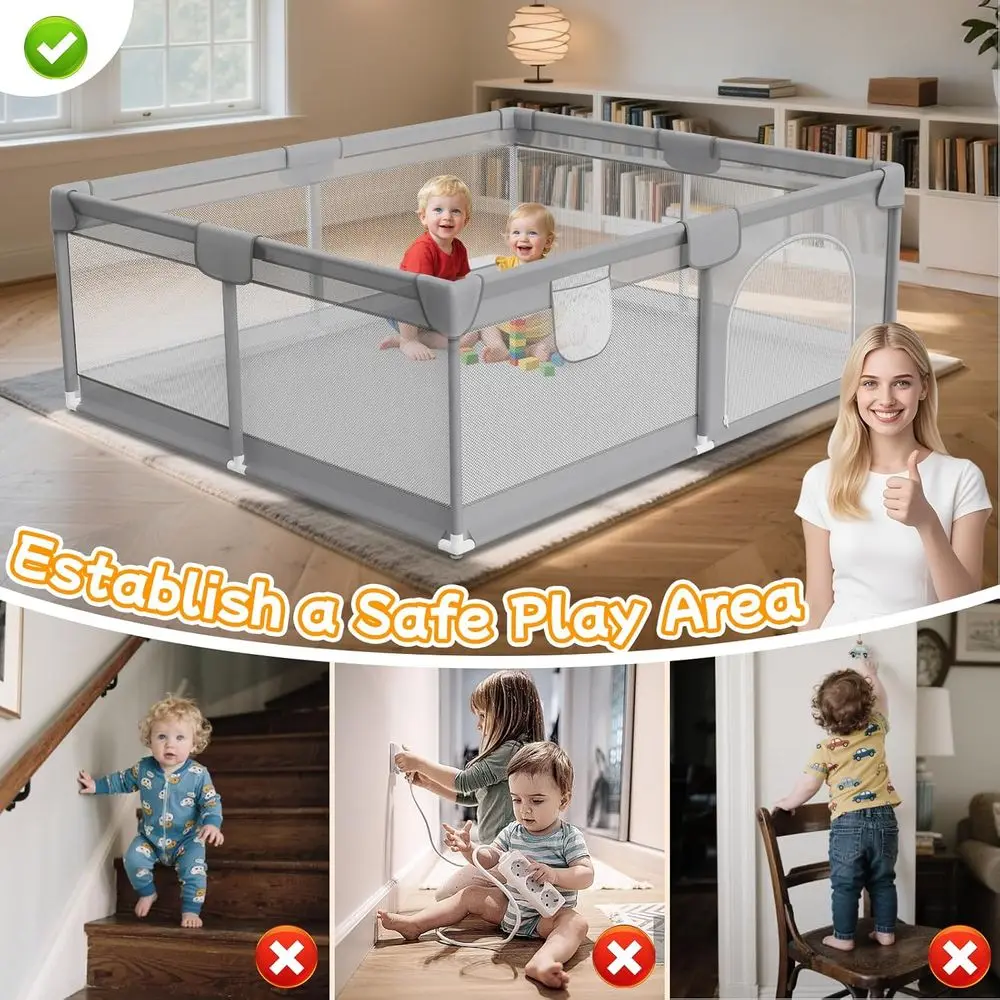 50 parque infantil gris para bebés con 2 asas: área de juegos segura para interiores/exteriores para bebés y niños pequeños