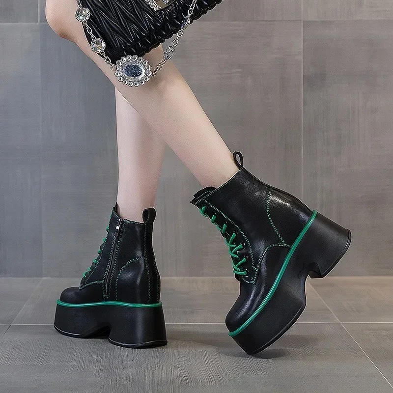 Botas de bezerro de couro genuíno para mulheres, tecelagem de plataforma, renda para cima, sapatos confortáveis, qualidade superior, primavera, outono, inverno, motocicleta, 11cm