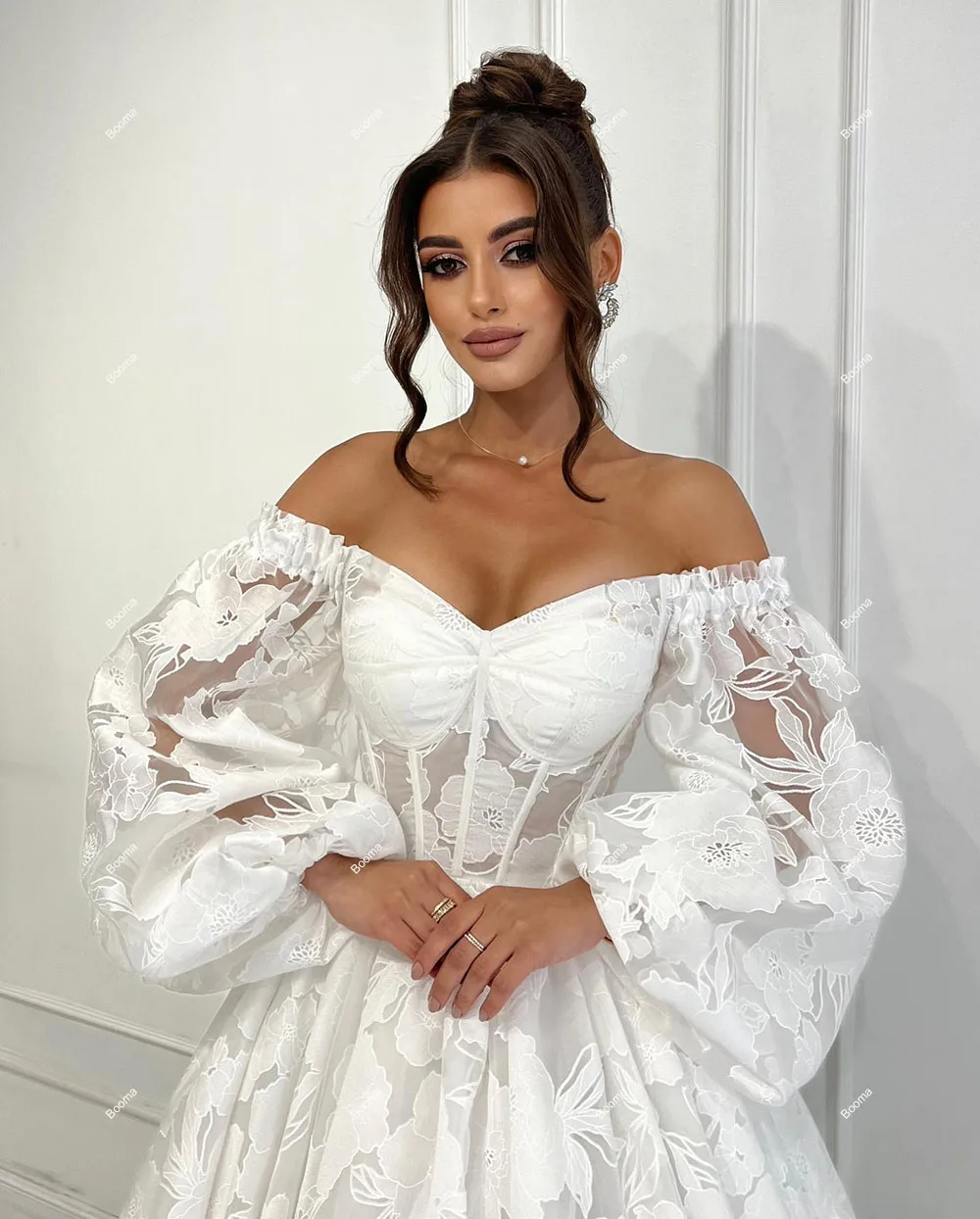 Booma-Robe de mariée florale A-ligne ivoire pour femme, manches longues bouffantes, longueur de rinçage, fête des patients, quelle que soit