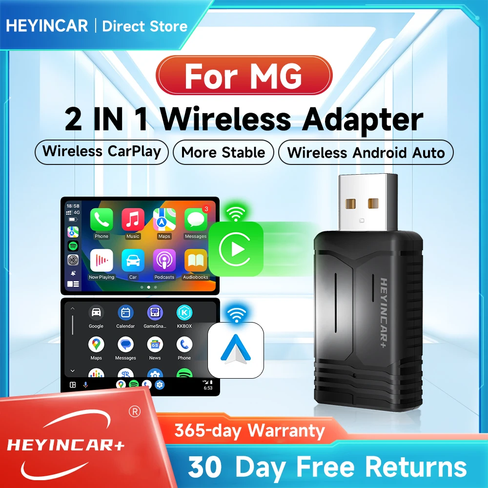 2024 Nieuwe Heyincar 2in1 Draadloze Carplay Android Auto Draadloze Adapter Voor Mg Zs Ev Mulan Mg4 Mg5 Ehs Marvel R Maxus