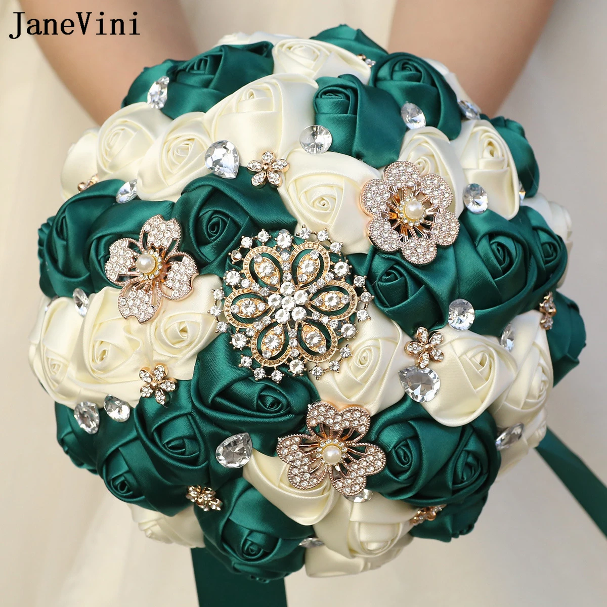 JaneVini Dark Green Bridal Bouquets Bling Gold Rhinestones Artificial Satin Roses Bridesmaid Holding Flowers Wedding Accessories