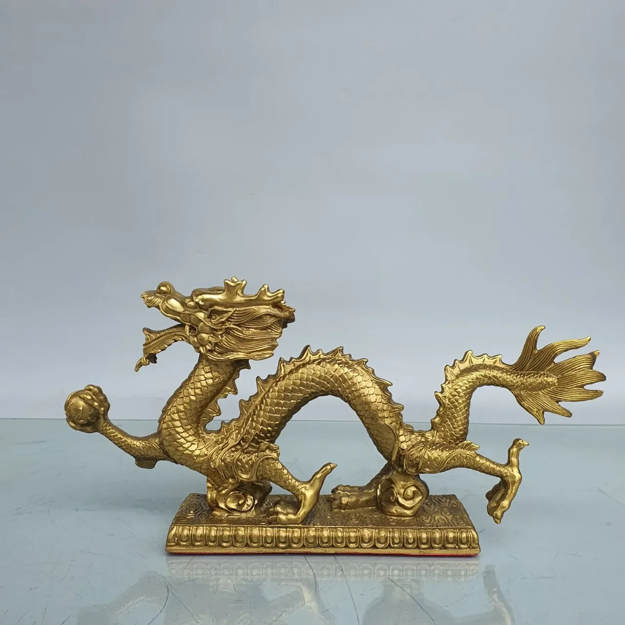 Brass Dragon Ornament, Chinese Zodiac Dragon, Golden Dragon, Single Dragon Playing with Pearl, Green Dragon Crafts, Small Han D