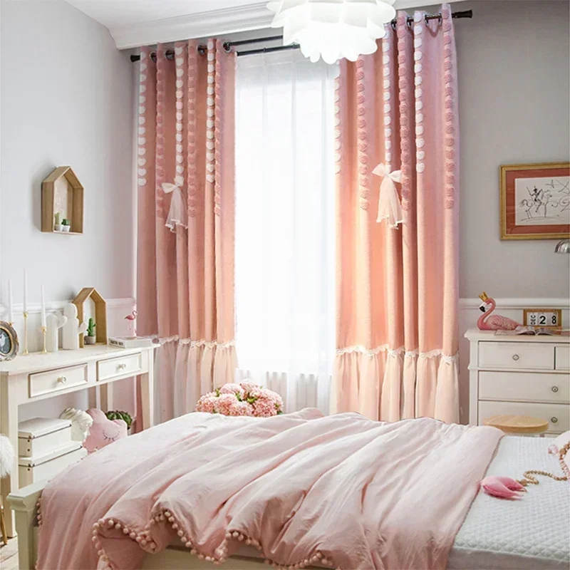 Princess Korean Curtains for Living Dining Room Children's Bedroom Warm Girl  Heart Newly Married Pink High Blackout Customized