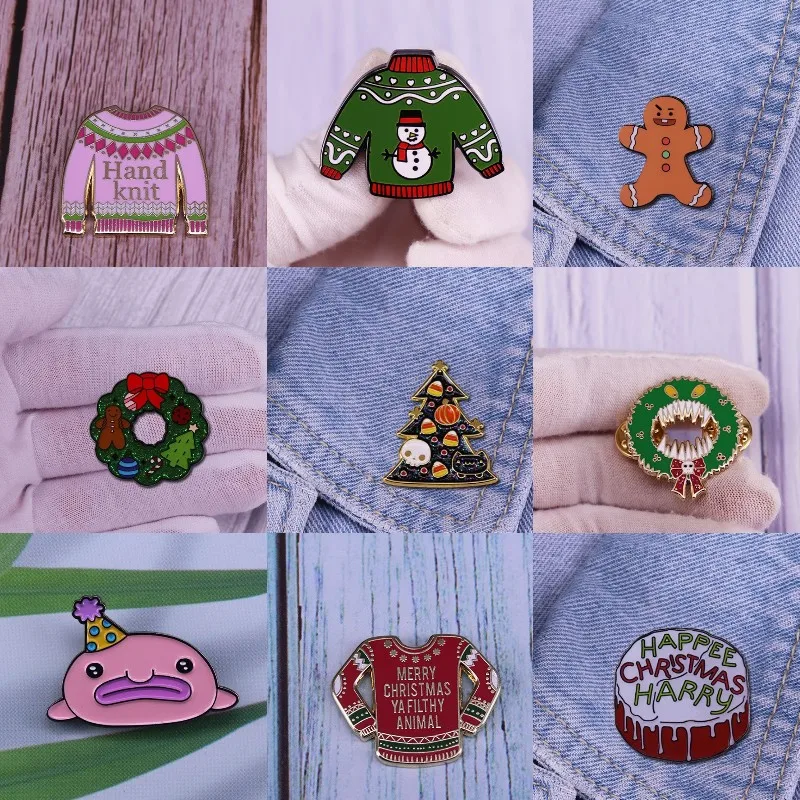 Hard Enamel Pins Christmas Tree Sweater Lapel Kawaii Cat Biscuits Brooch Unique Christmas Decoration New Year Gift for Children