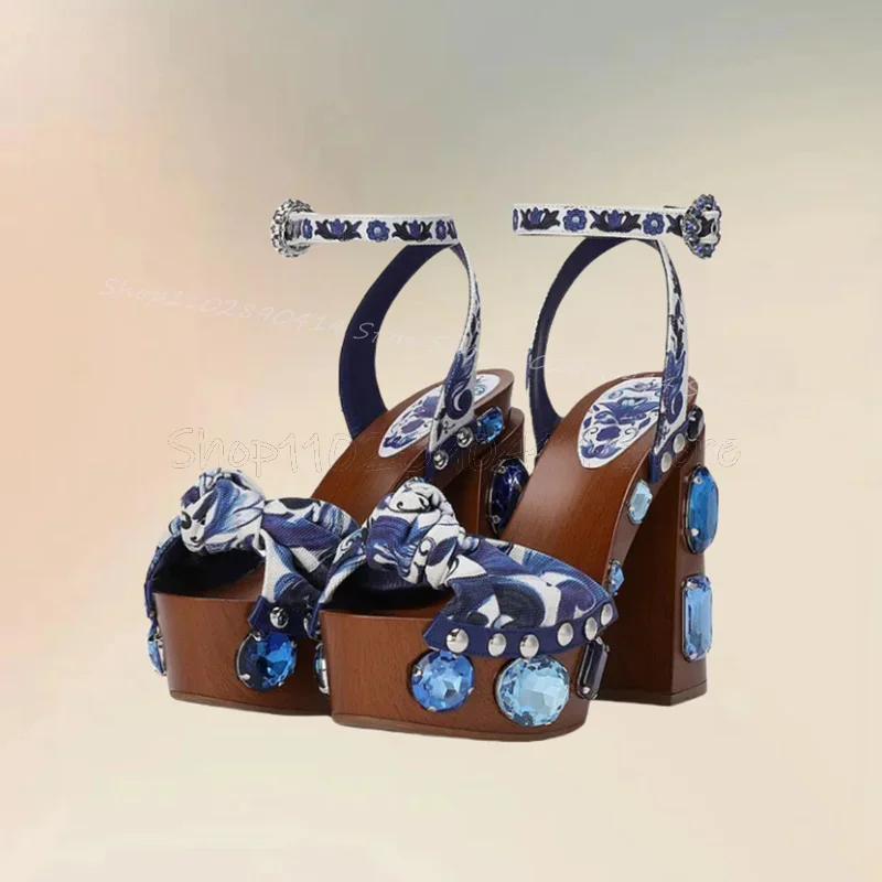 

Blue White Porcelain Crystal Wooden Heel Sandals Ankle Buckle Strap Women Shoes Chunky High Heels Novel2024 Zapatos Para Mujere
