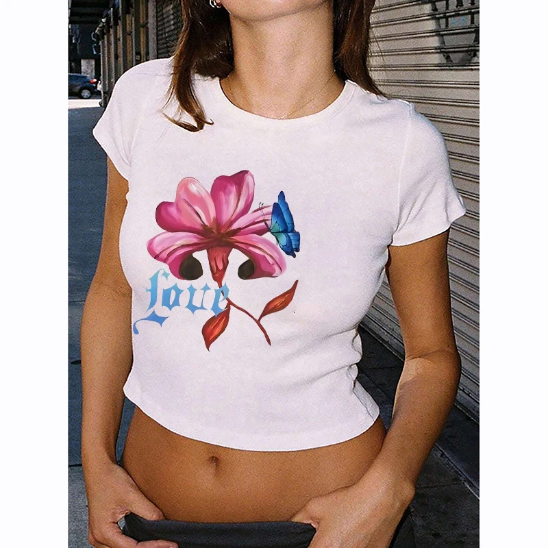 

Повседневная универсальная уличная женская футболка в стиле панк Y2K, ретро, готическая, эстетика, повседневный укороченный топ, креативные футболки с цветочным узором и принтом