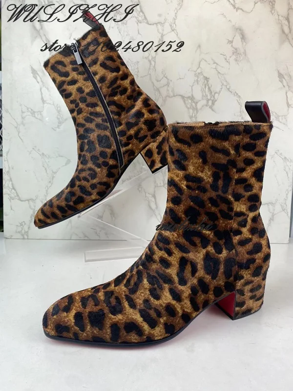 Black Brown Leopard Spot Suede Boots Women Square Low Heel Shoes Spring Sporty Zipper Totem Corduroy Calf Booties Versatile Shoe