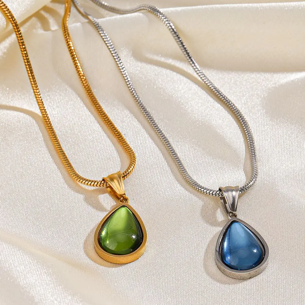 New Style Olive Green Blue Droplet Pendant Necklace For Women Girls Stainless Steel Vintage Clavicle Chain Wedding Jewelry Gift
