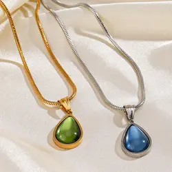 New Style Olive Green Blue Droplet Pendant Necklace For Women Girls Stainless Steel Vintage Clavicle Chain Wedding Jewelry Gift