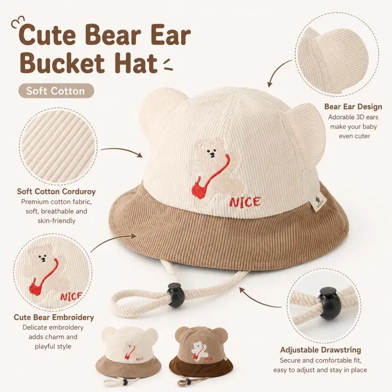 Kids Bear Ear Bucket Hat Soft Cotton Color Block Adjustable Chin Strap Autumn Sun Hat Unisex Baby Toddler Outdoor Fisherman Caps view 5