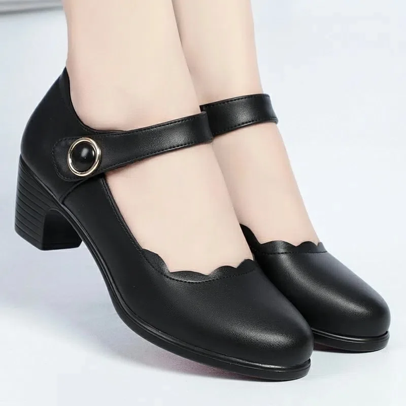 Women Fashion Sweet Red Comfort Buckle Strap Square Heel Pumps Lady Casual Black Pu Leather Office High Heel Shoes Zapatos E9023