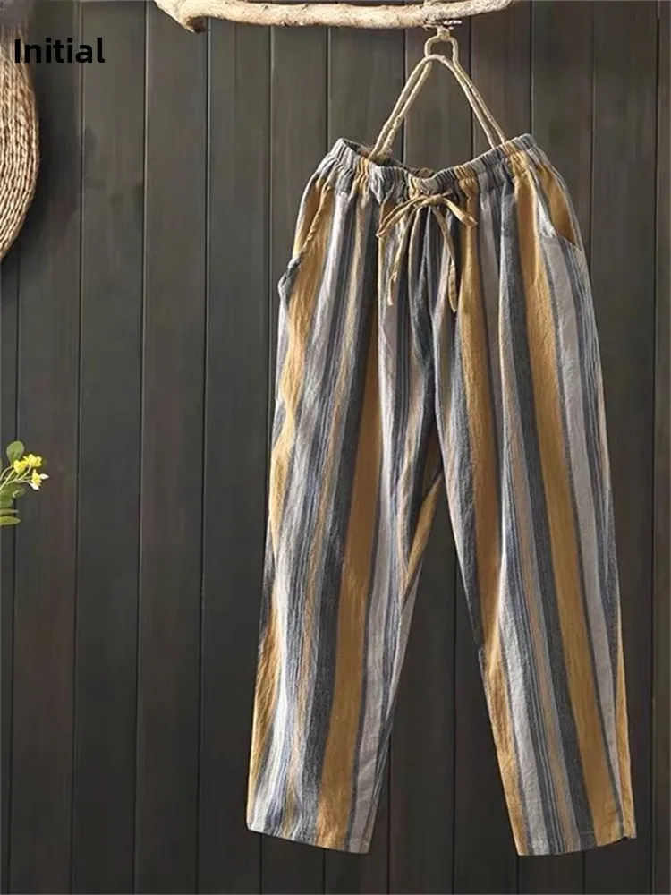 

Summer Cotton Linen Pants Women Loose Large Size Cabbage Pants Outdoor Wear Artistic Stripes Harlan Linen Nine Points Pants
